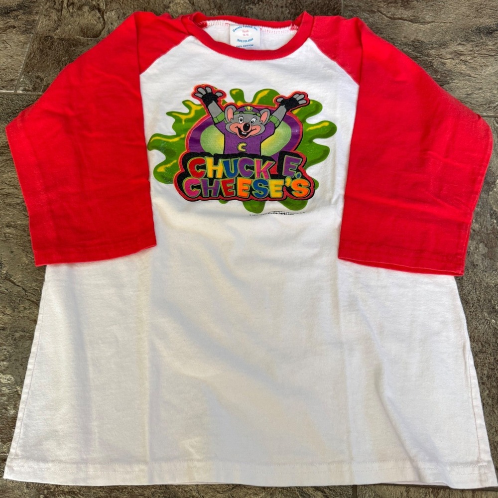 Vtg Y2k Chuck E Cheese Raglan‎ Shirt Red White 3-D Graphic Tee Kids Size L 14-16
